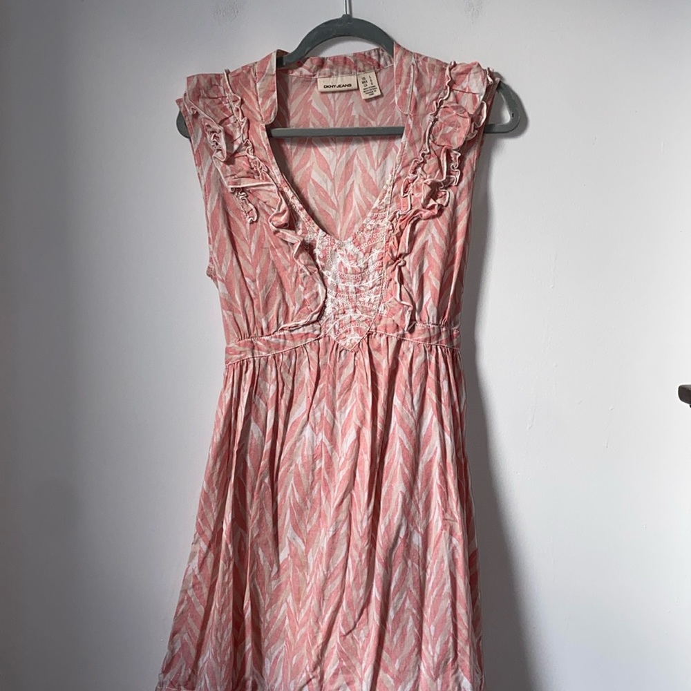 DKNY Jeans women’s 100% cotton sleeveless ruffle dress, side zip, coral, size L